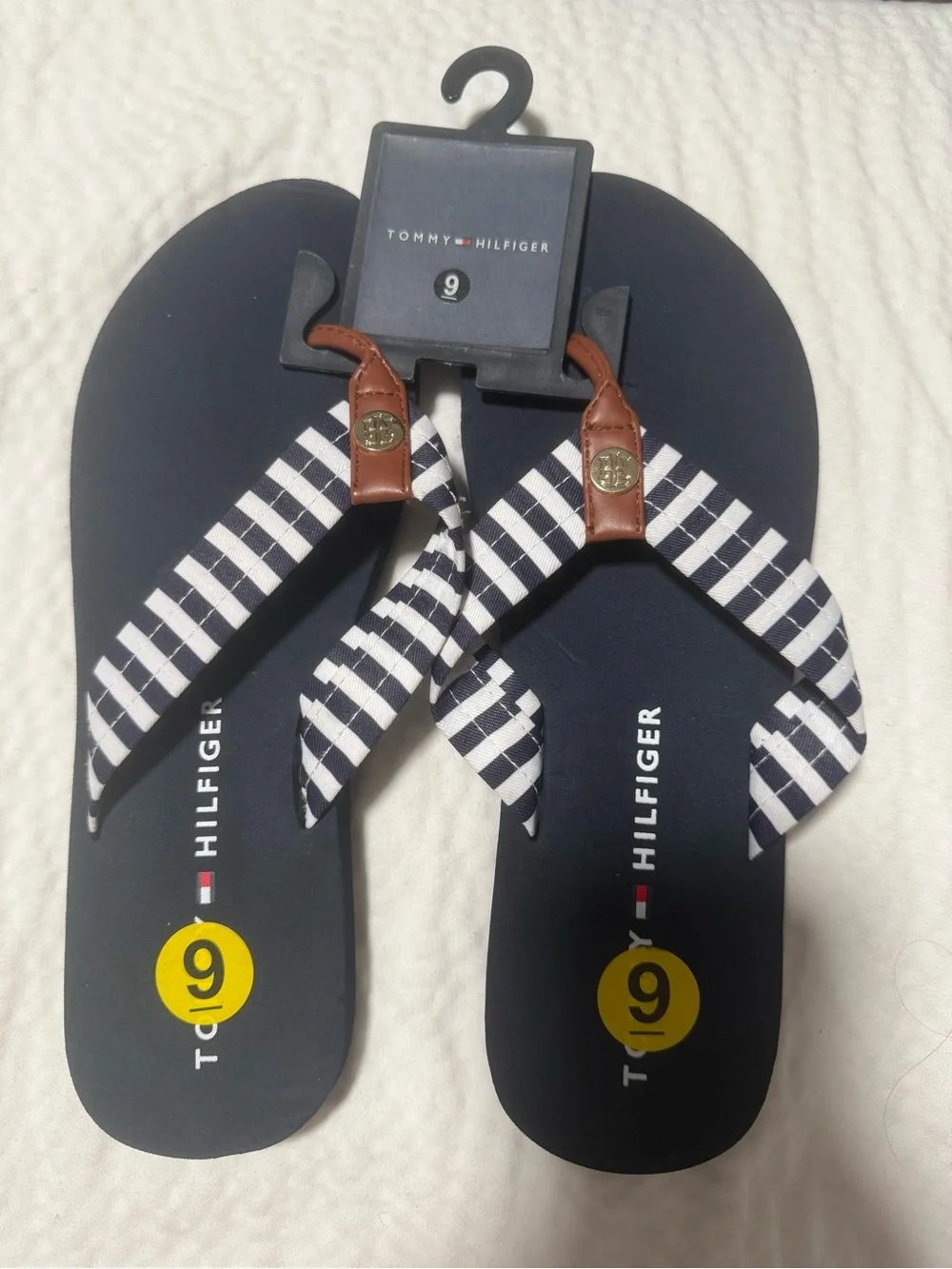 Tommy Hilfiger Navy & White Striped Men’s Flip Flops with Brown Accents